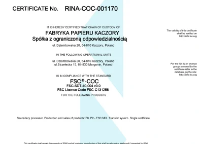 fabryka papieru kaczory sp certyfikat rina
