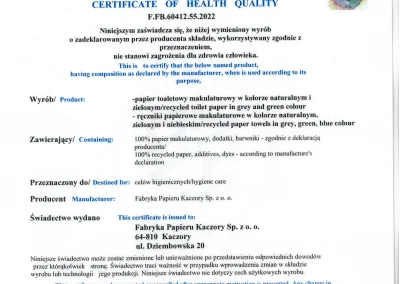 certyfikat świadectwo jakości zdrowotnej 2022